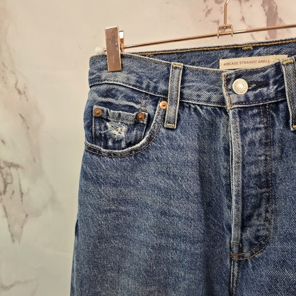 Levis Premium Jeans Women 26 Ribcage Straight Ankle Ripped Hole Button High Rise - Picture 2 of 13